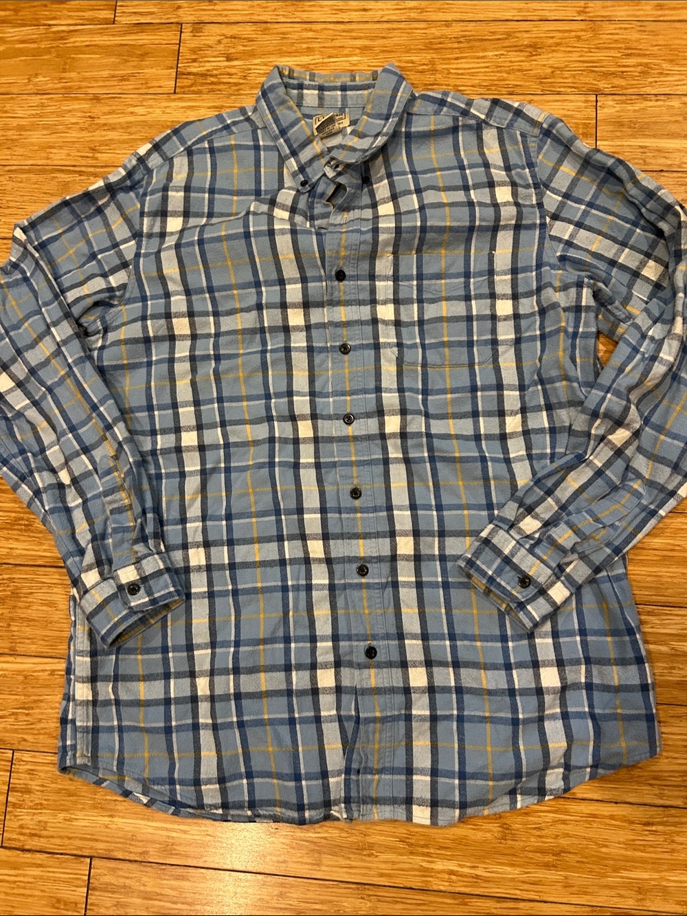L.L. Bean Scotch Plaid Blue & White Button-Down Shirt with Yellow Accents LT